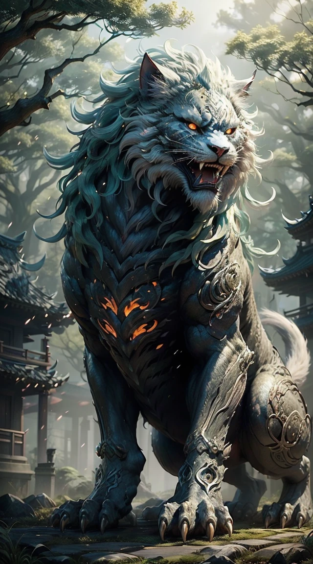 Create a spooky, ghostly image of a monster cat from Japanese folklore。Bakeneko is depicted as a large, creepy looking cat.、Are you standing on your hind legay have a human form。Eyes glow、Has sharp claws。Set the background to a dimly lit Japanese-style room or an ancient, misty forest。The atmosphere is eerie and gives the impression of a supernatural presence.、The soft, mysterious light casts ghostly shadows、Emphasizes a sense of mystery and unease。