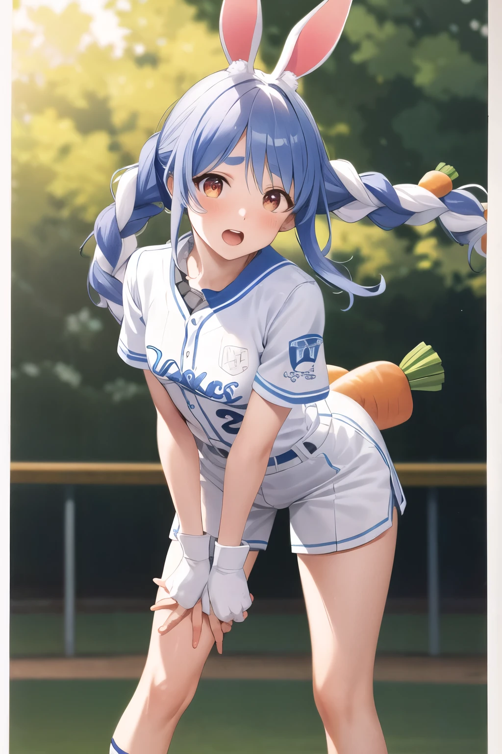 white baseball uniform, masterpiece, best quality, highres, ddpekora, standing, green background, baseball ground, standing, cowboy shot, masterpiece, best quality, highres, ccpekora, long hair, rabbit ears, ((extreme detailed, highly detailed:1.4)), (official art:1.2), nice hands, perfect hands, 1girl, blush, small breasts, leaning forward, looking at viewer, nostalgic view, hair blowing in the wind, cowboy shot, two carrots in hair, tears