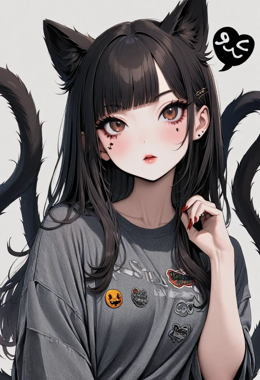 girl,whole body,(Delicate face:1.2), Pure background,masterpiece, Fashion,Tokyo,Harajuku,, Long hair, Black Hair, (Double tail:1.5), Bangs, Brown eyes,