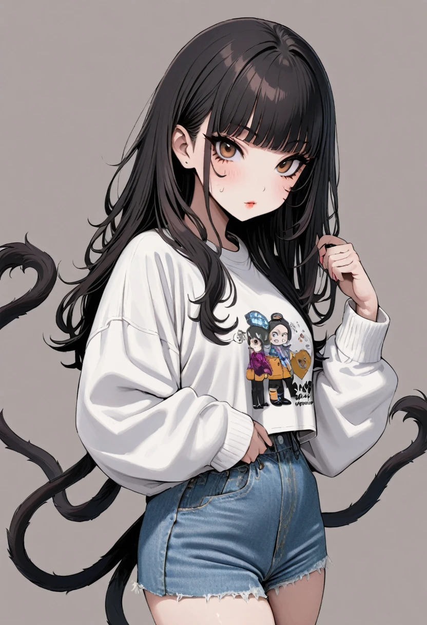 girl,whole body,(Delicate face:1.2), Pure background,masterpiece, Fashion,Tokyo,Harajuku,, Long hair, Black Hair, (Double tail:1.5), Bangs, Brown eyes,