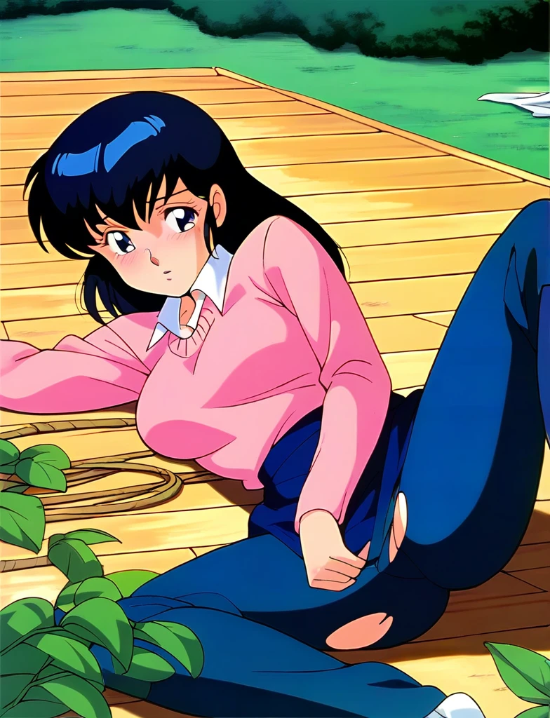 Kyoko,score_9,score_8_superior,score_7_superior,sauce_anime,One girl,alone,View your viewers,soaked,downpour,in the forest,Pink Sweater,White collared shirt,length_skirt,blue skirt,Spread your legs,Pantyhose exposed,Lying down,Sad face,:to be tied up、Bondage、Torn clothing、Rope digging into crotch、