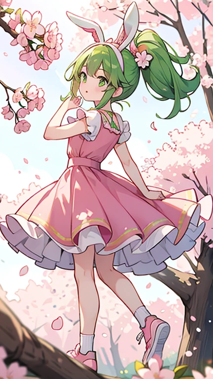 one girl,green ponytail,green eyes,green bunny ears,pink cherry blossom dress,white socks,pink sneakers,cherry petal headband