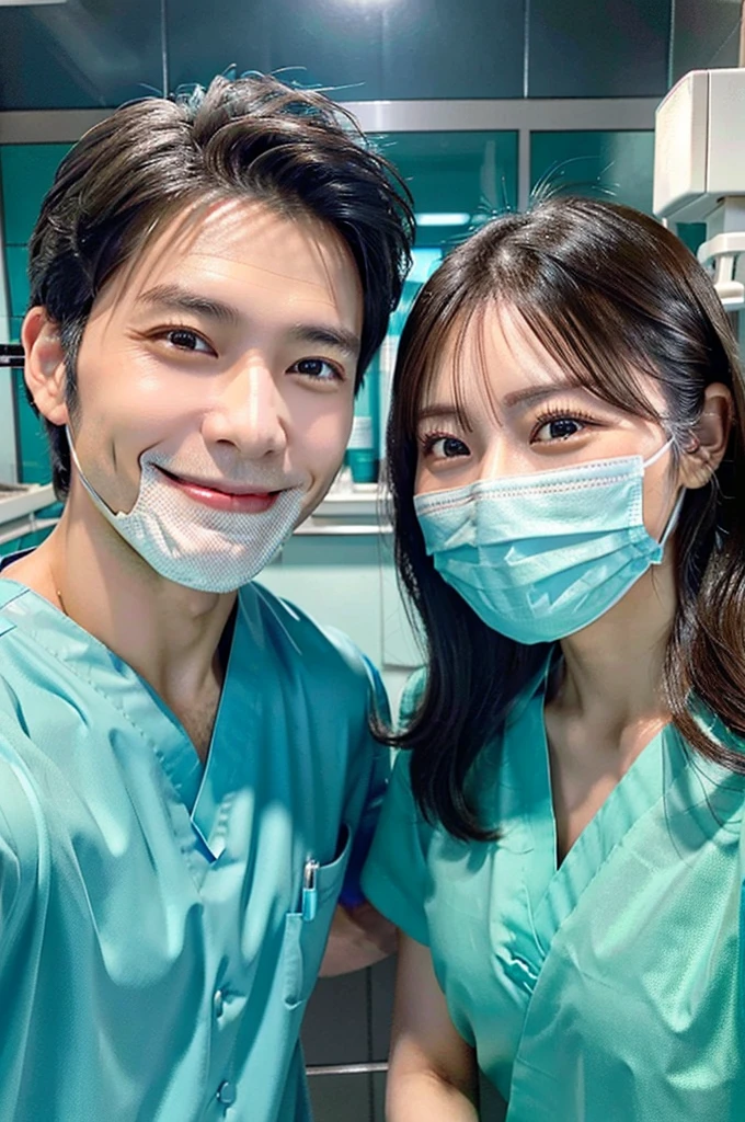 Male dentist and female dental hygienist　２people　A good business partner　日本people　Handsome Men and Beautiful Women　Wearing natural turquoise medical scrubs　Upper body close-up　high resolution　high resolution　Highest quality　smile　Face is far away