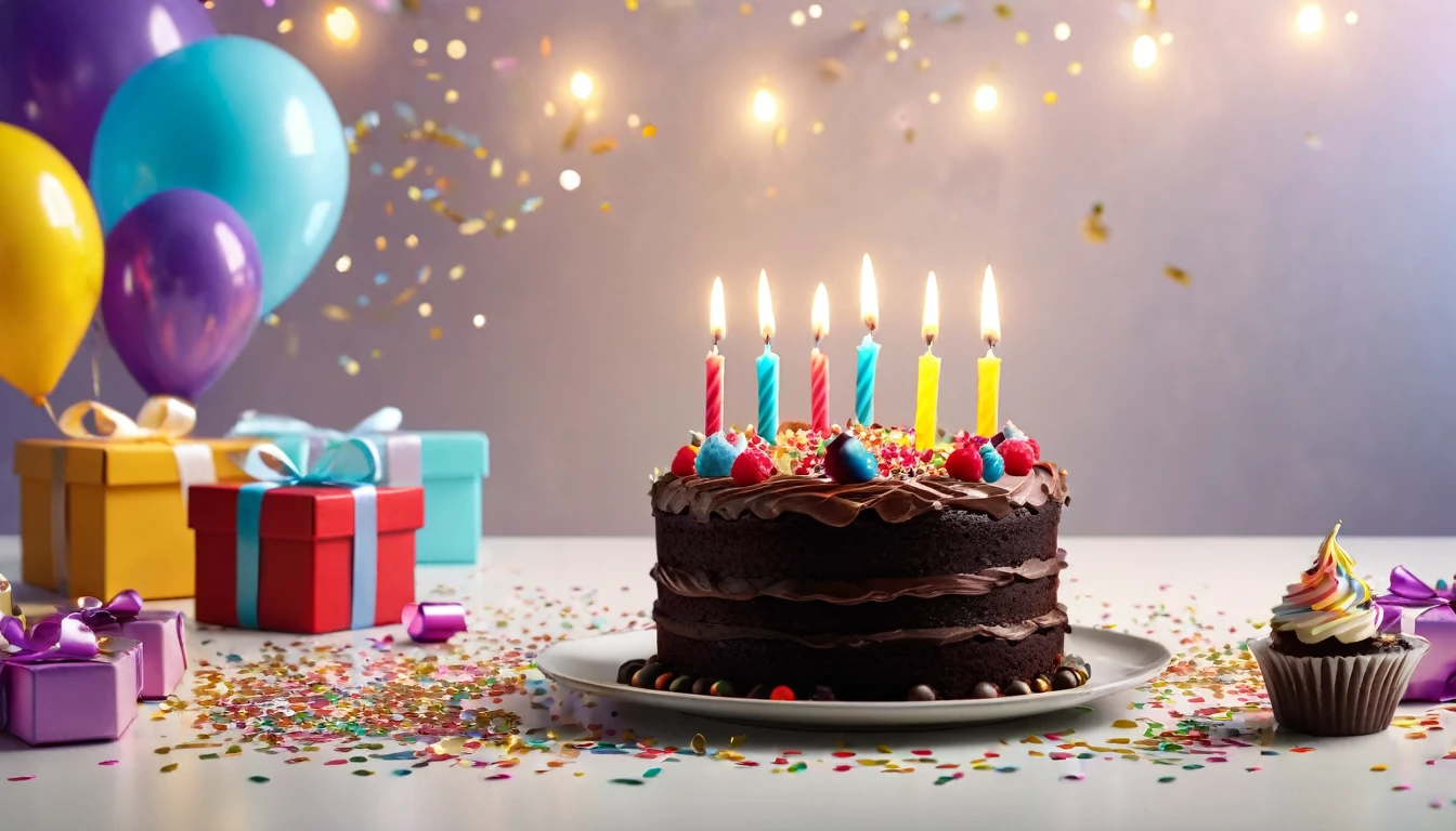 birthday chokolate cake with candles, birthday, confetti, gift boxes, light background, cinematic light, realistic photo, 8k