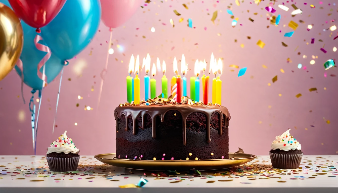 birthday chokolate cake with candles, birthday, confetti, gift boxes, light background, cinematic light, realistic photo, 8k