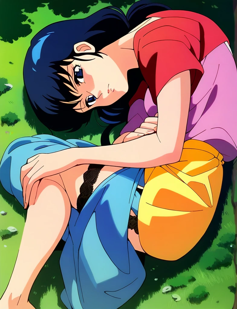 Kyoko,score_9,score_8_superior,score_7_superior,sauce_anime,One girl,alone,View your viewers,soaked,downpour,in the forest,black garter belt,Lying down,Sad face,:d,arms_behind_return,
