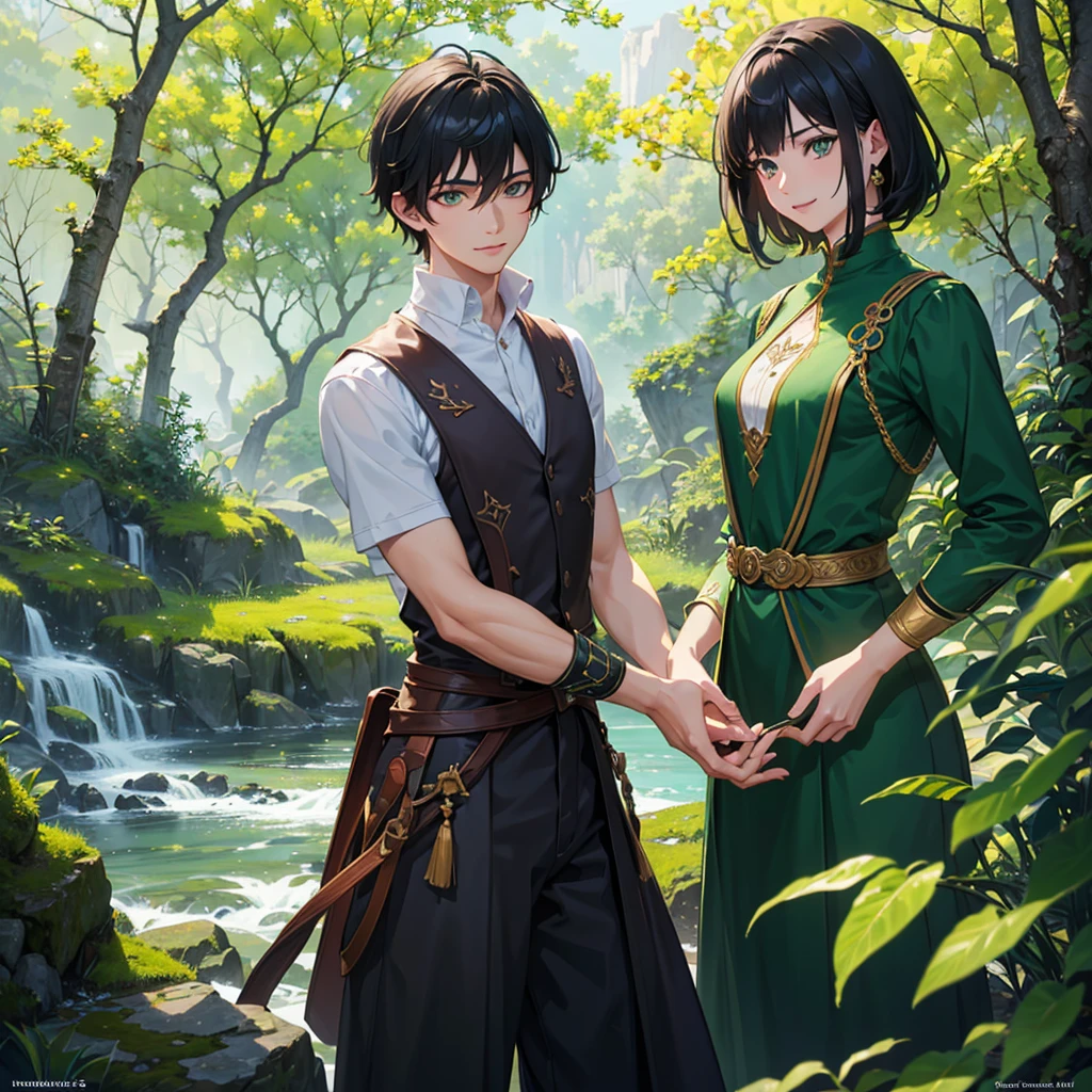 A boy with dark hair, smiling, green eyes, anime, Ivankai style, (best quality,4k,8k,highres,masterpiece:1.2),ultra-detailed,(realistic,photorealistic,photo-realistic:1.37),intricate details, soft lighting, warm color palette, magical realism, cinematic composition, highly detailed facial features, expressive eyes, beautiful smile, dynamic pose, lush environment, nature elements, fantasy