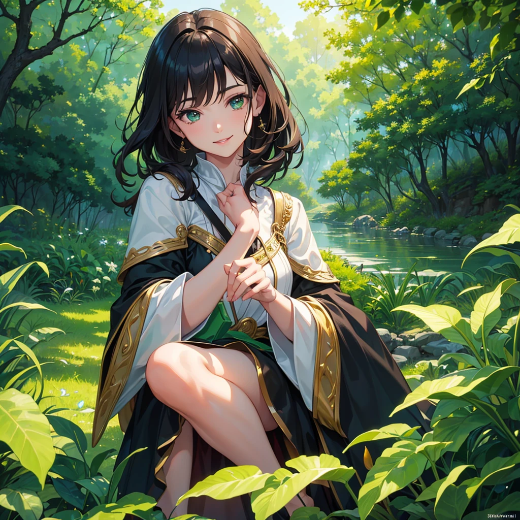 A boy with dark hair, smiling, green eyes, anime, Ivankai style, (best quality,4k,8k,highres,masterpiece:1.2),ultra-detailed,(realistic,photorealistic,photo-realistic:1.37),intricate details, soft lighting, warm color palette, magical realism, cinematic composition, highly detailed facial features, expressive eyes, beautiful smile, dynamic pose, lush environment, nature elements, fantasy