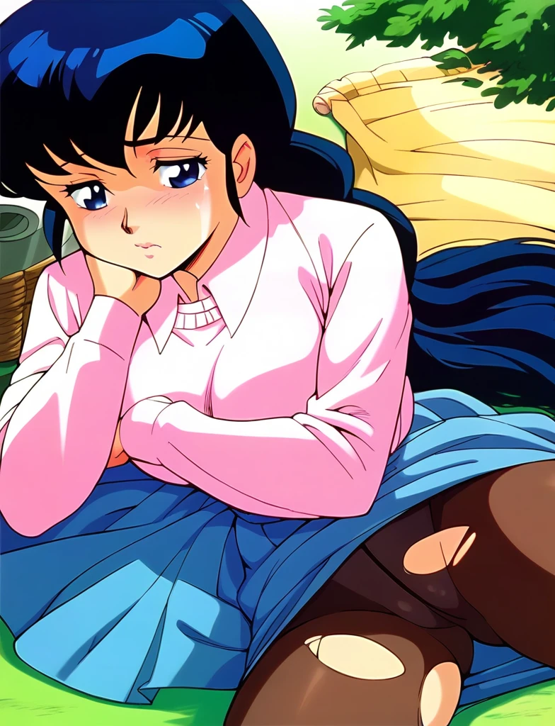 Kyoko,score_9,score_8_superior,score_7_superior,sauce_anime,One girl,alone,View your viewers,soaked,downpour,in the forest,Pink Sweater,White collared shirt,length_skirt,blue skirt,Spread your legs,hose exposed,Lying down,Sad face,:to be tied age、Tornng、Rope digging into crotch、