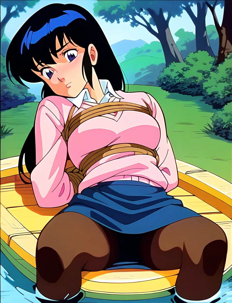 Kyoko,score_9,score_8_superior,score_7_superior,sauce_anime,One girl,alone,View your viewers,soaked,downpour,in the forest,Pink Sweater,White collared shirt,length_skirt,blue skirt,Spread your legs,Pantyhose exposed,Lying down,Sad face,:to be tied up、Bondage、Torn clothing、Rope digging into crotch、