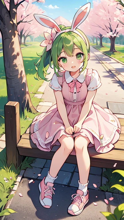 one girl,green ponytail,green eyes,green bunny ears,pink cherry blossom dress,white socks,pink sneakers,cherry petal headband