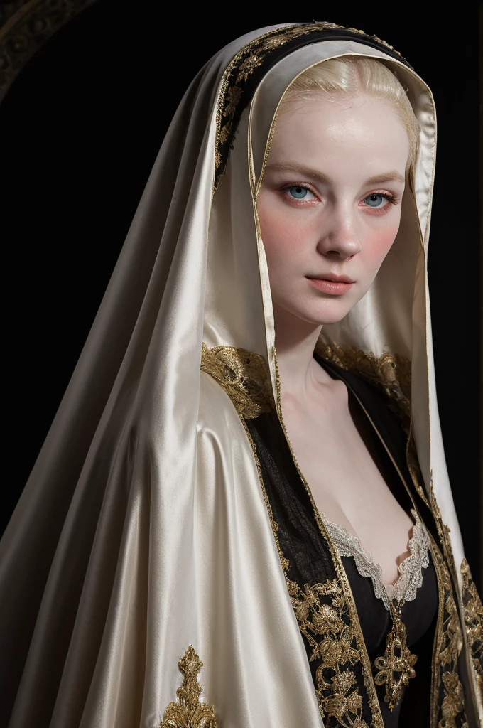 a blonde woman  dress and a black -nun-veil, in a high renaissance style, portrait , baroque portrait, in a renaissance style, realistic renaissance portrait,, inspired by Jean-Étienne Liotard, in renaissance style, renaissance portrait, porcelain pale skin, baroque hair, black background, simple background, blur 