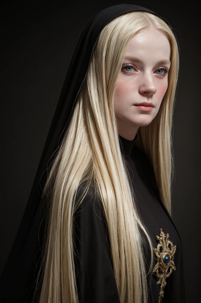 a blonde woman  dress and a black -nun-veil, in a high renaissance style, portrait , baroque portrait, in a renaissance style, realistic renaissance portrait,, inspired by Jean-Étienne Liotard, in renaissance style, renaissance portrait, porcelain pale skin, baroque hair, black background, simple background, blur 