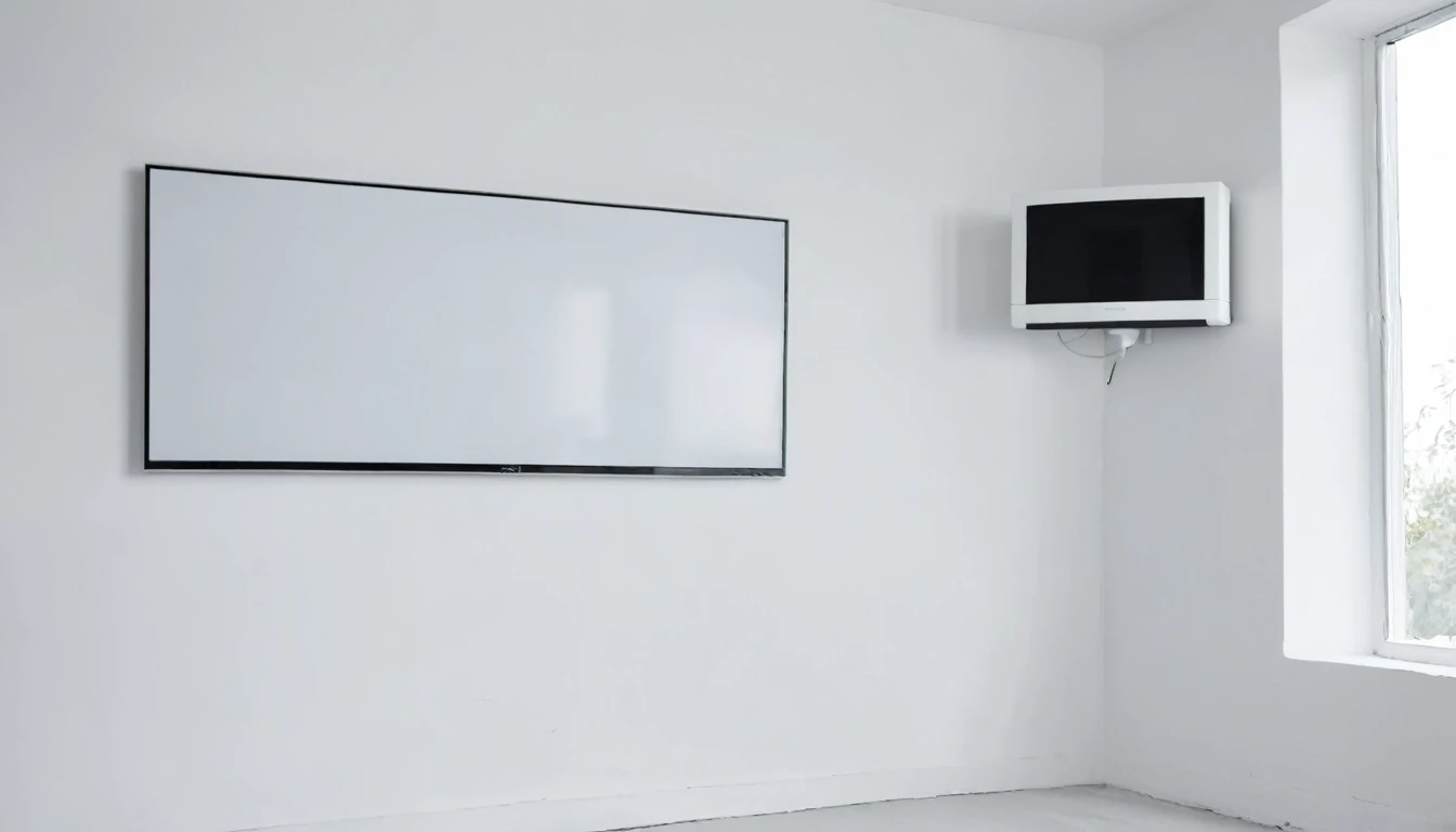 Pure white room　Monitors on the wall
