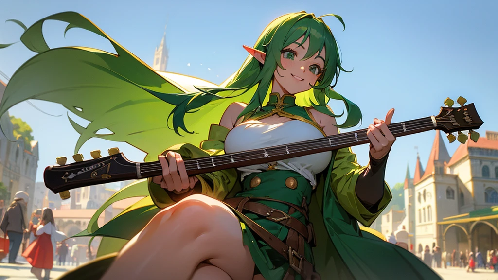Anime Style,Nostalgic,Detailed background,The medieval world,A bustling square with many people,Smiling bard, beautiful green-haired elf girl,guitar,Large Breasts,Healthy thighs,Underarm