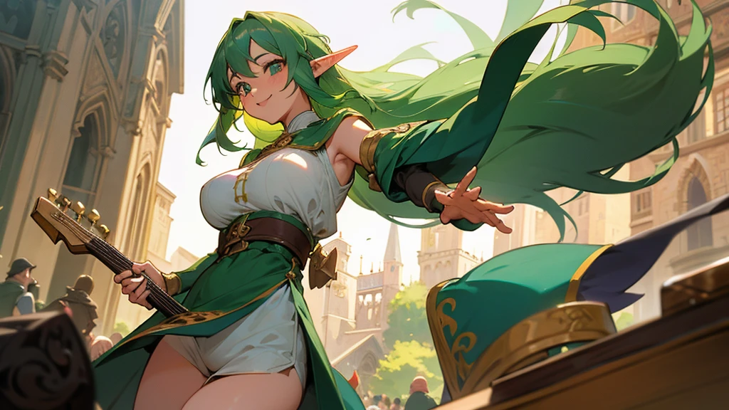 Anime Style,Nostalgic,Detailed background,The medieval world,A bustling square with many people,Smiling bard, beautiful green-haired elf girl,guitar,Large Breasts,Healthy thighs,Underarm