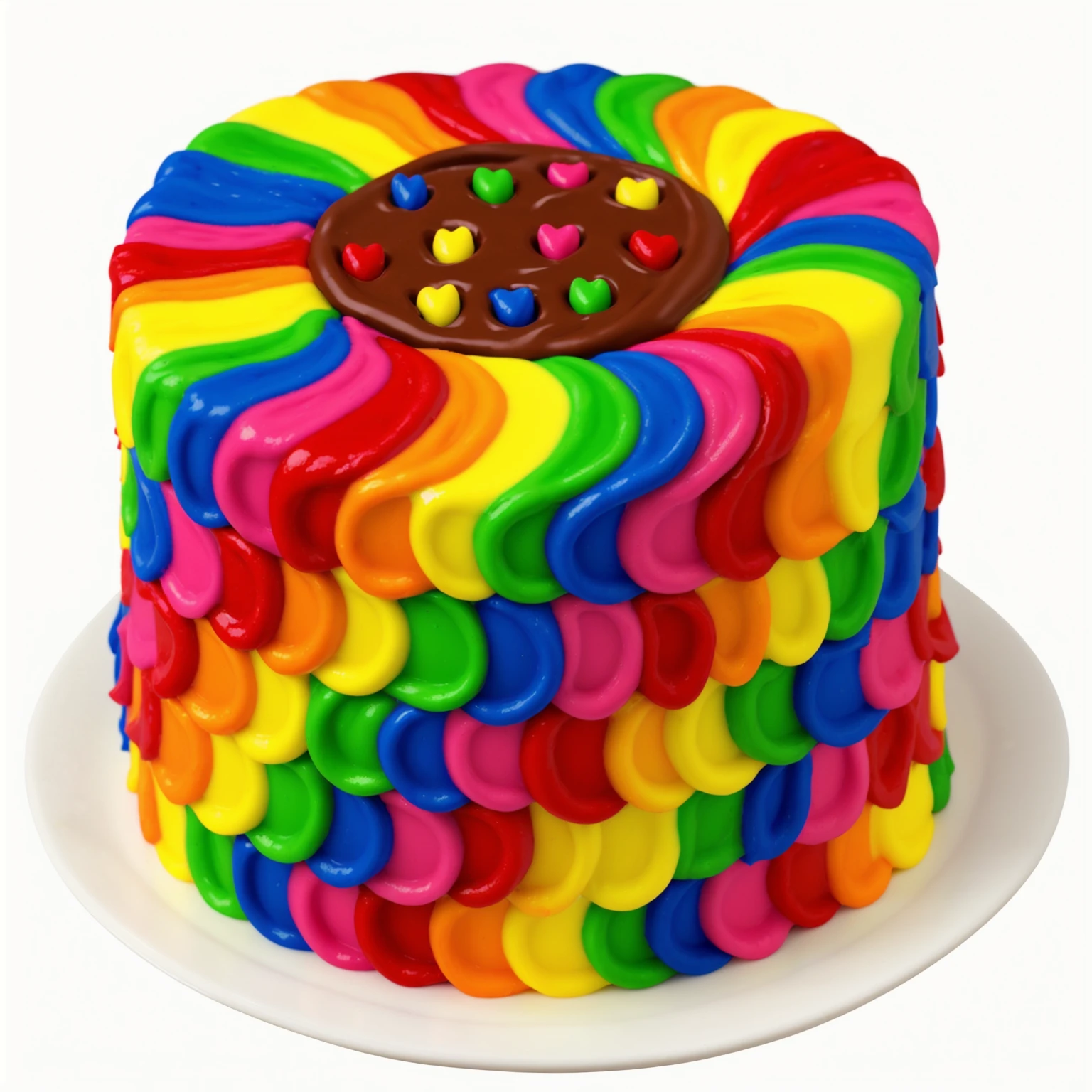 White Plate. rainbow cream cake. smears of cream in a checkerboard pattern, hole with chocolate drips on top, ((cream highlights)), on a white background, Multiple light sources, beautiful sunlight, Bright light source, bright lighting, beautiful light sources, Multiple light sources, Realistic style , realistic texture, detailed texture, A high resolution, high quality, macro photography