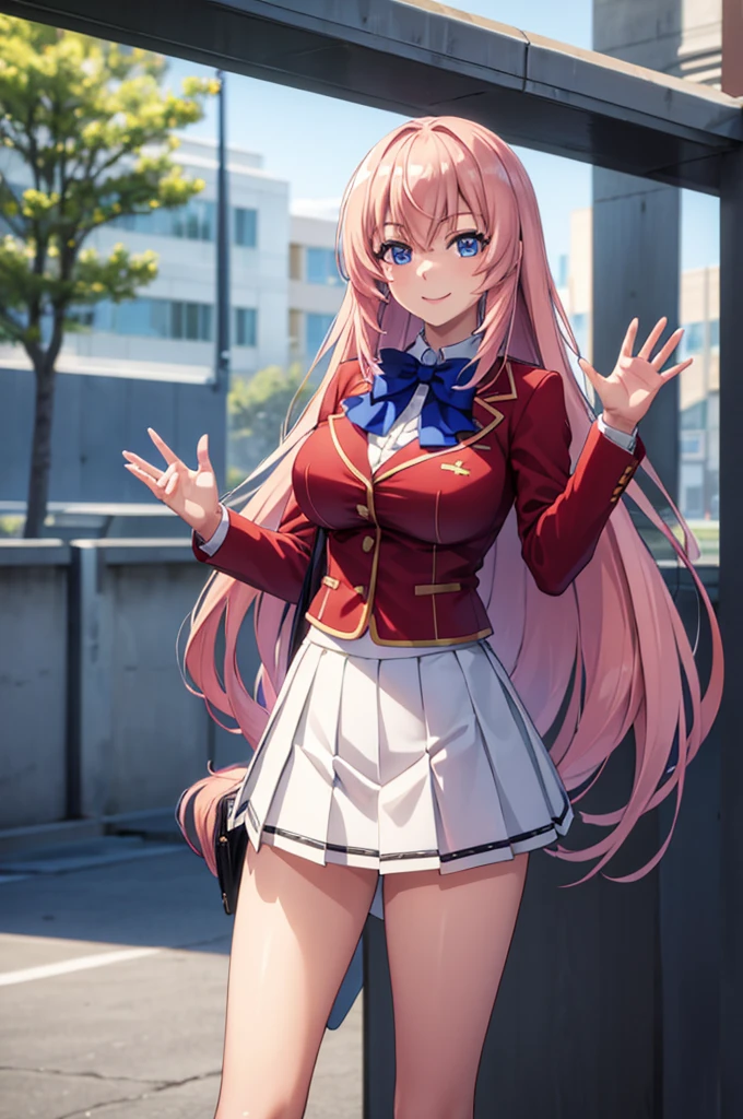 (masterpiece:1.3), (best quality:1.1), (8k, ultra detailed, ultra high res:1.2), ((anime style)), (perfect 5 fingers), perfect anatomy,
1girl,
Ichinose honami \(youjitsu\),
long hair,
pink hair,
blue eyes, round eyes, tareme,
blue bow,
large breasts,
red jacket, long sleeves, white skirt, pleated skirt, black calf socks,
looking at viewer,
cowboy shot, (waving hand:1.1),
(smile:1.1),
BREAK standing, perfect light, outside, outdoors, public,