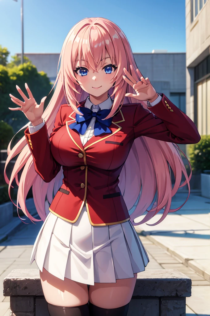 (masterpiece:1.3), (best quality:1.1), (8k, ultra detailed, ultra high res:1.2), ((anime style)), (perfect 5 fingers), perfect anatomy,
1girl,
Ichinose honami \(youjitsu\),
long hair,
pink hair,
blue eyes, round eyes, tareme,
blue bow,
large breasts,
red jacket, long sleeves, white skirt, pleated skirt, black calf socks,
looking at viewer,
cowboy shot, (waving hand:1.1),
(smile:1.1),
BREAK standing, perfect light, outside, outdoors, public,