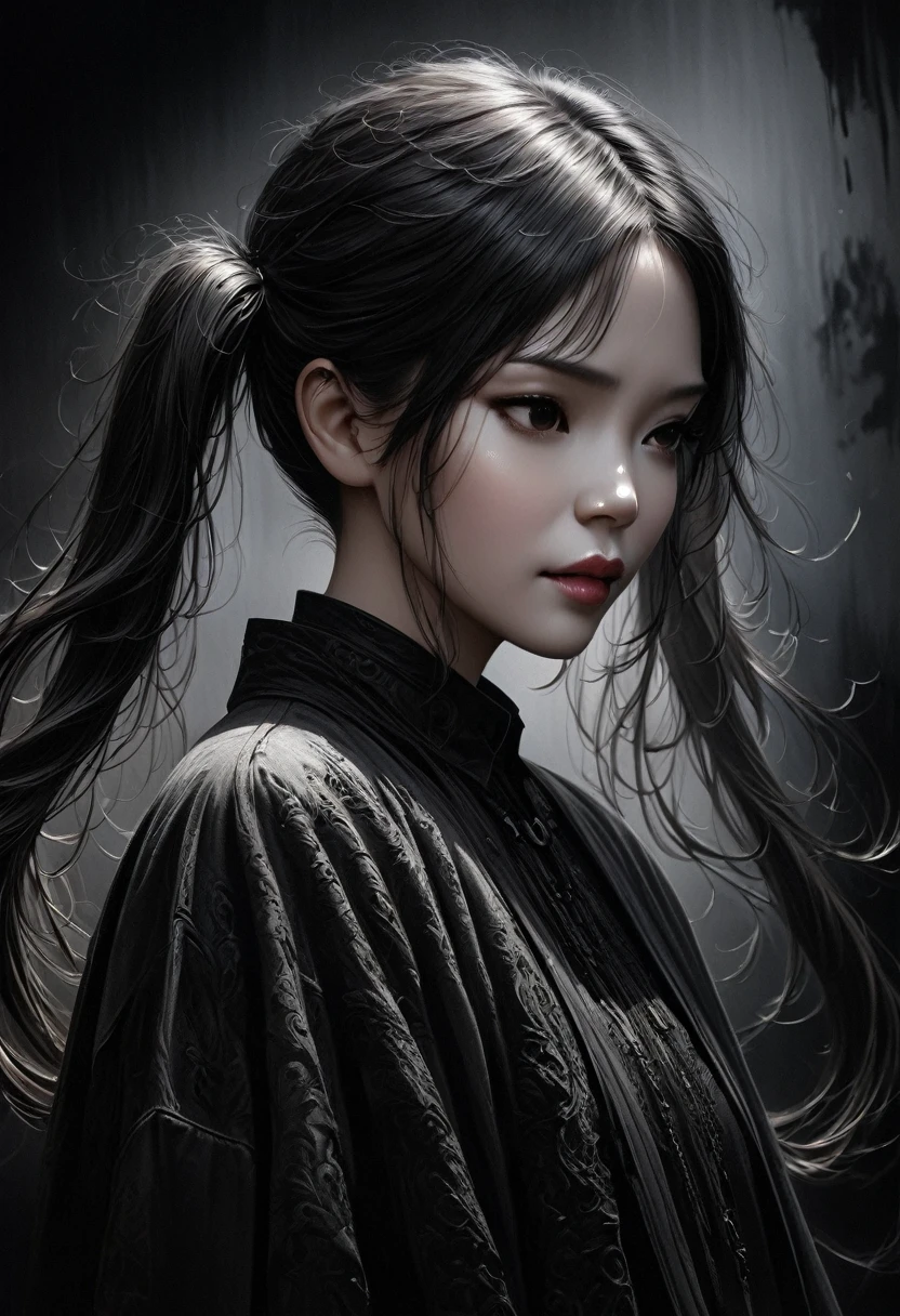 a girl with long twin pigtails, gothic aesthetic, minimalist, linear style, negative space, ink painting, abstract,(best quality,4k,8k,highres,masterpiece:1.2),ultra-detailed,(realistic,photorealistic,photo-realistic:1.37),intricate details,dark moody atmosphere,dramatic lighting,muted color palette,flowing motion,ethereal,moody,melancholy,emotive,graceful