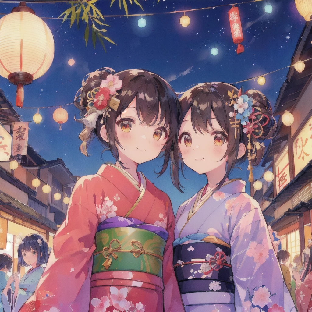 Anime couple in kimonos standing on a street at night, smile,Tanabata Festival,Bamboo leaves on top,Japanese art style, Cute art style, Anime-style illustrations, Two beautiful anime girls, Cute Japanese style, 80s anime style,Lofi, In a Japanese town at night, Summer Festival Night, Traditional Japanese concept art, In kimono, pixiv Contest Winner, Anime Moe Art Style, Anime Style 4k