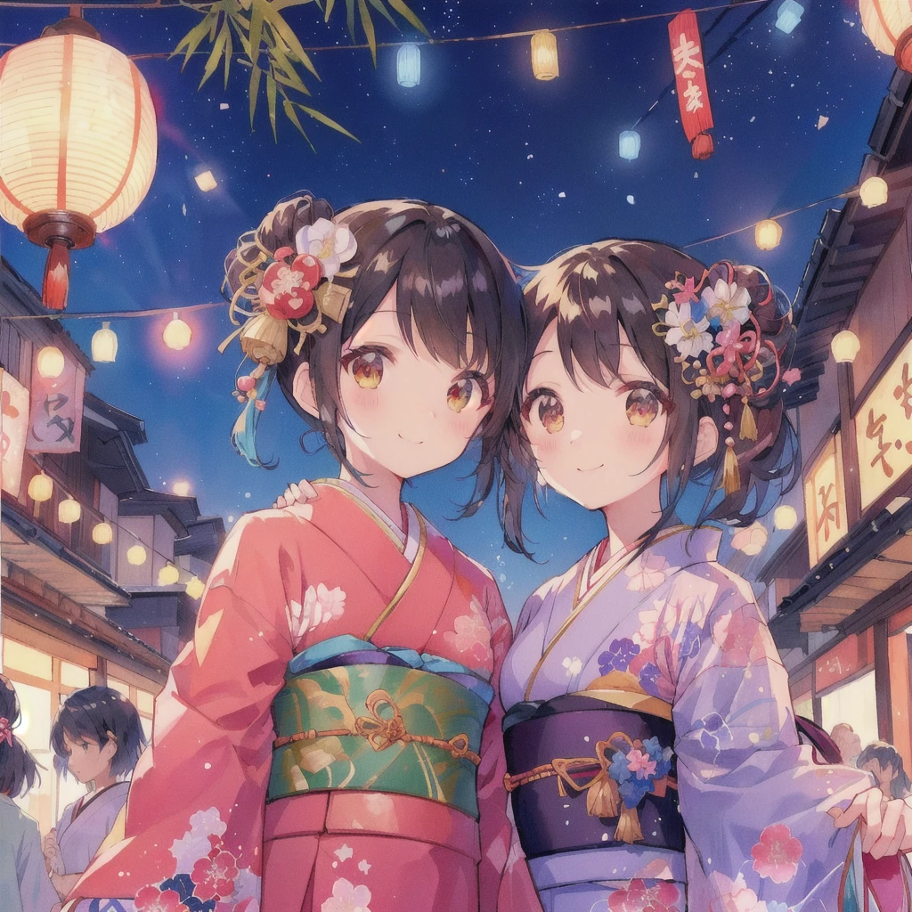 Anime couple in kimonos standing on a street at night, smile,Tanabata Festival,Bamboo leaves on top,Japanese art style, Cute art style, Anime-style illustrations, Two beautiful anime girls, Cute Japanese style, 80s anime style,Lofi, In a Japanese town at night, Summer Festival Night, Traditional Japanese concept art, In kimono, pixiv Contest Winner, Anime Moe Art Style, Anime Style 4k