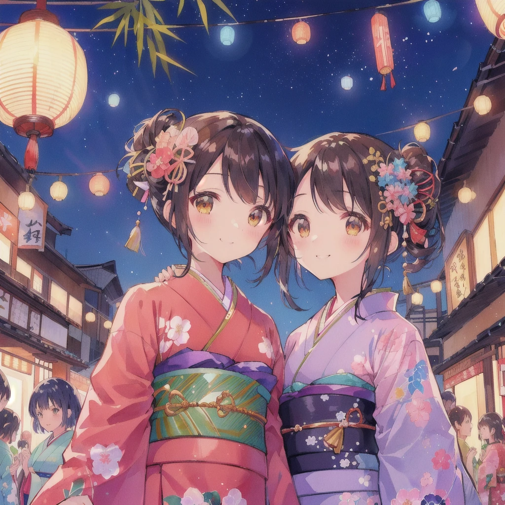 Anime couple in kimonos standing on a street at night, smile,Tanabata Festival,Bamboo leaves on top,Japanese art style, Cute art style, Anime-style illustrations, Two beautiful anime girls, Cute Japanese style, 80s anime style,Lofi, In a Japanese town at night, Summer Festival Night, Traditional Japanese concept art, In kimono, pixiv Contest Winner, Anime Moe Art Style, Anime Style 4k