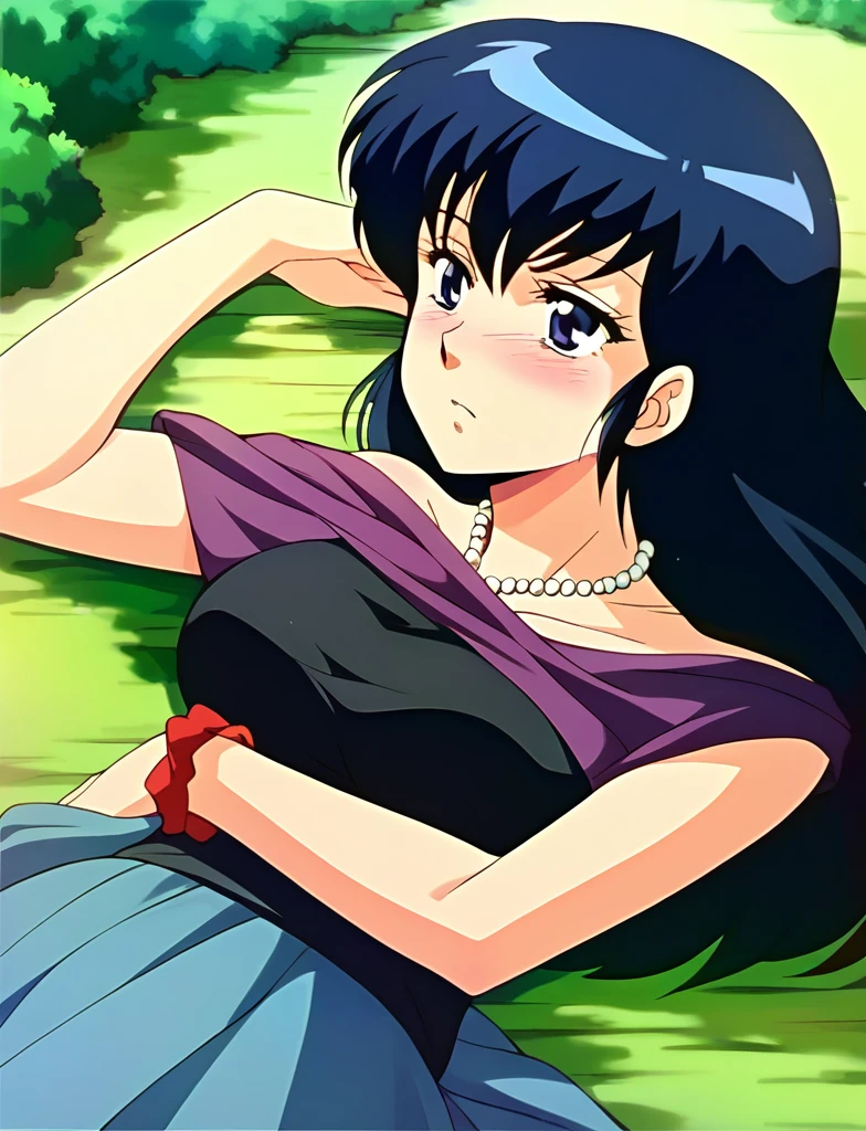 kyoko,score_9,score_8_upper,score_7_upper,sauce_アニメ,One girl,alone,View your viewers,soaked,downpour,in the forest,Black garter belt,Lying down,Sad face,:d,arms_behind_return,black ガーターベルト、Pearl Necklace、何も着ていない、
