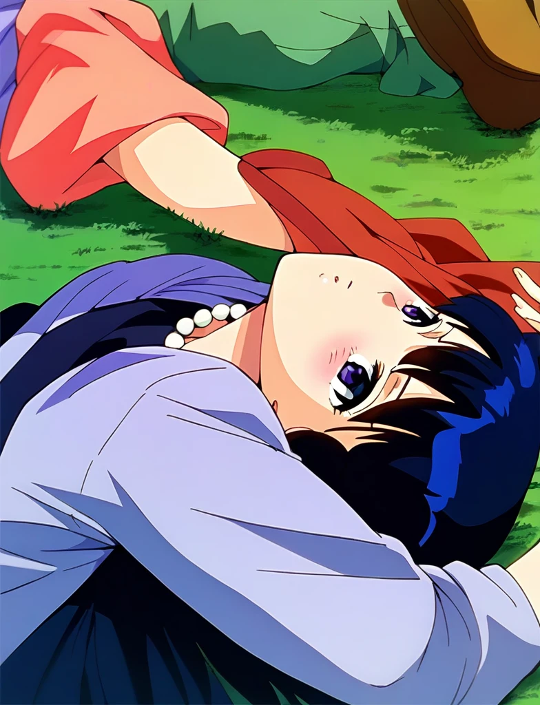 kyoko,score_9,score_8_upper,score_7_upper,sauce_アニメ,One girl,alone,View your viewers,soaked,downpour,in the forest,Black garter belt,Lying down,Sad face,:d,arms_behind_return,black ガーターベルト、Pearl Necklace、何も着ていない、