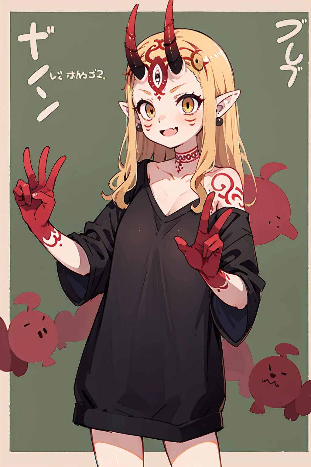 1girl, solo, (ibaraki_douji), blonde, yellow eyes, oni horns, pointy ears, alternative costume, shirt, white shirt, (modern fashion), oversized clothes, bottomless, bare shoulder, off shoulder, flat chest, forehead, ((red hands)), (peace sign and the other hand is hidden), straight hair, large smile, smug, upper body, standing, masterpiece, best quality, 8k, beautiful