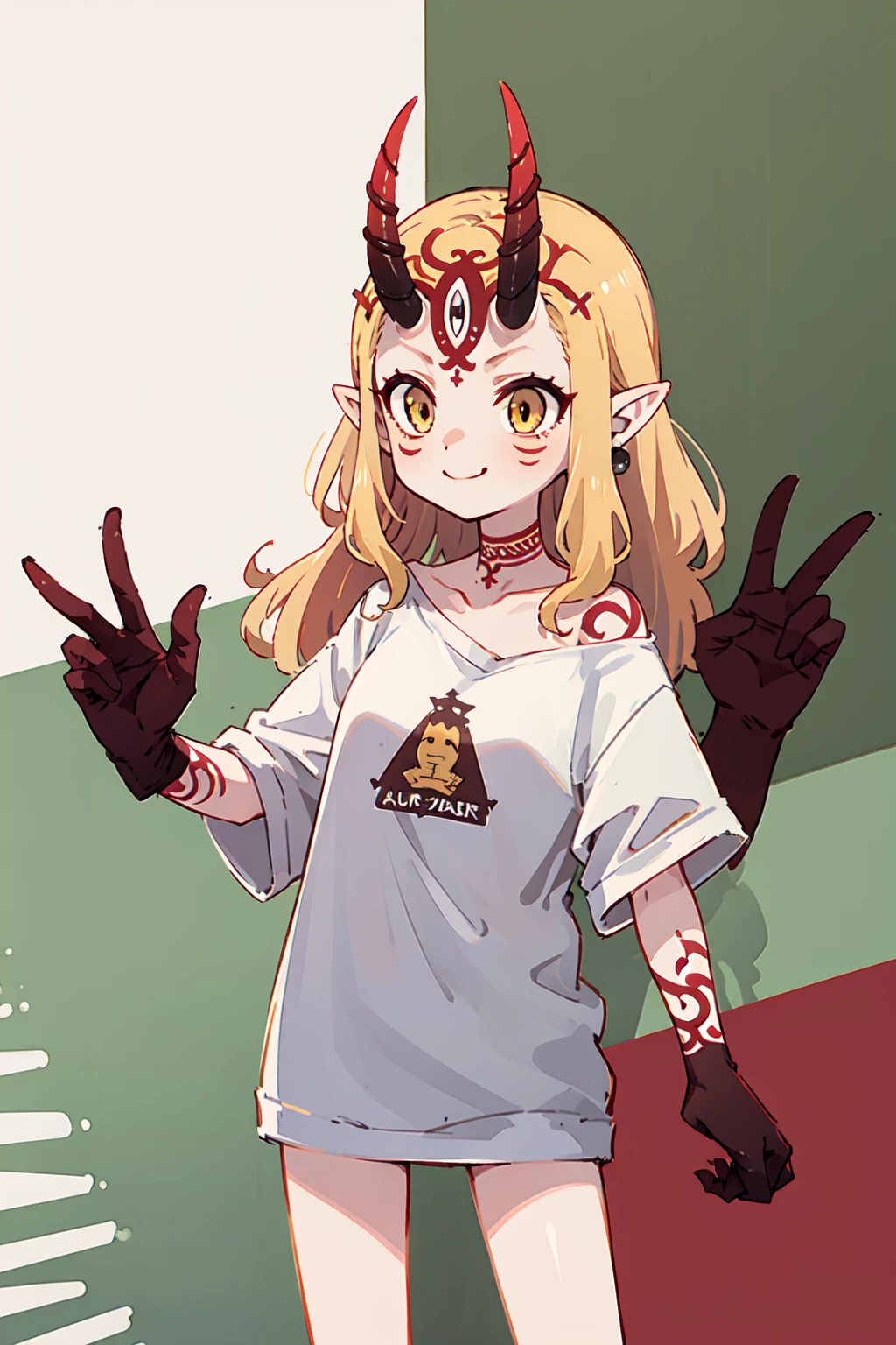 1girl, solo, (ibaraki_douji), blonde, yellow eyes, oni horns, pointy ears, alternative costume, shirt, white shirt, (modern fashion), oversized clothes, bottomless, bare shoulder, off shoulder, flat chest, forehead, ((red hands)), (peace sign and the other hand is hidden), straight hair, large smile, smug, upper body, standing, masterpiece, best quality, 8k, beautiful