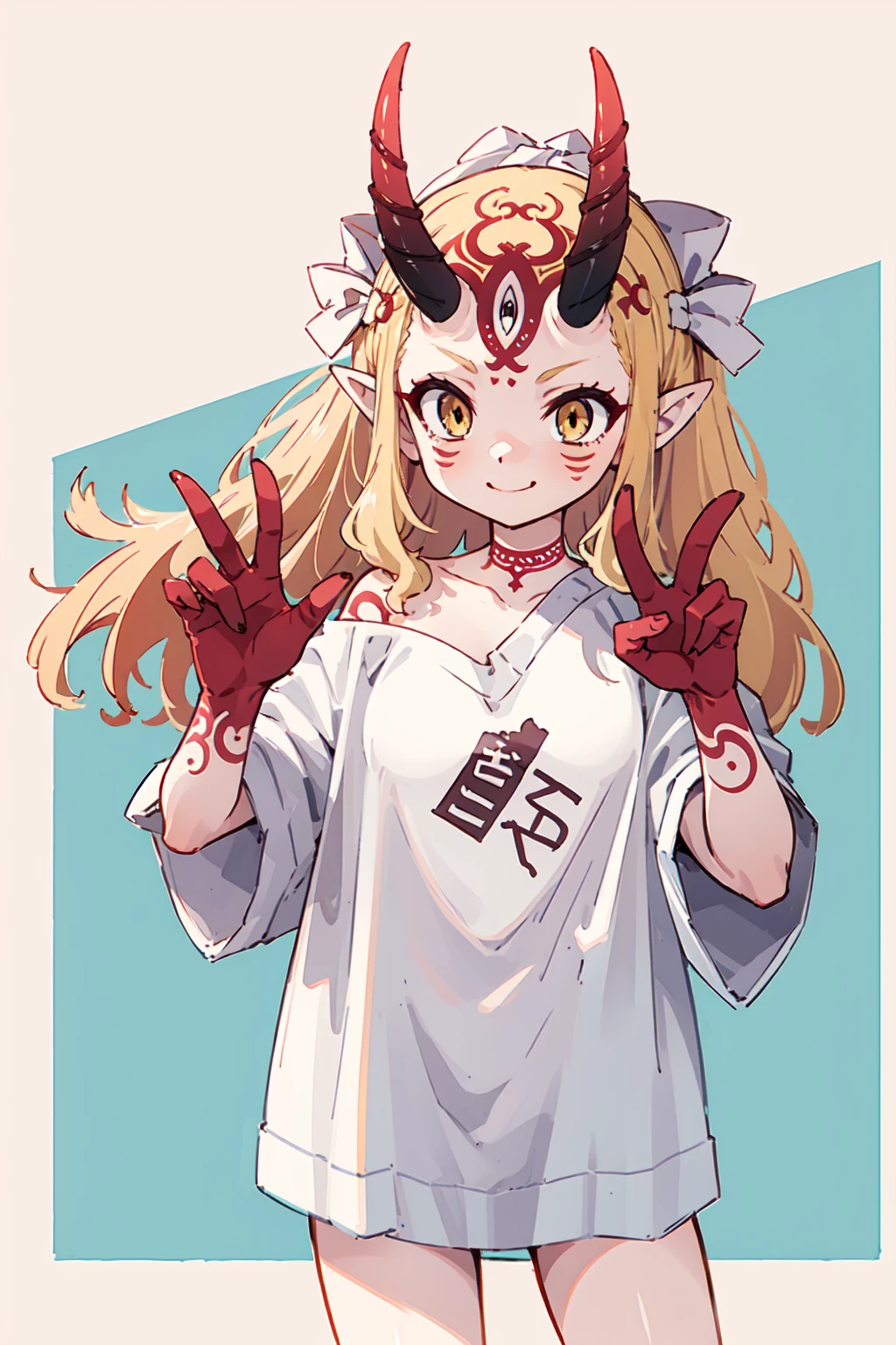 1girl, solo, (ibaraki_douji), blonde, yellow eyes, oni horns, pointy ears, alternative costume, shirt, white shirt, (modern fashion), oversized clothes, bottomless, bare shoulder, off shoulder, flat chest, forehead, ((red hands)), (peace sign and the other hand is hidden), straight hair, large smile, smug, upper body, standing, masterpiece, best quality, 8k, beautiful