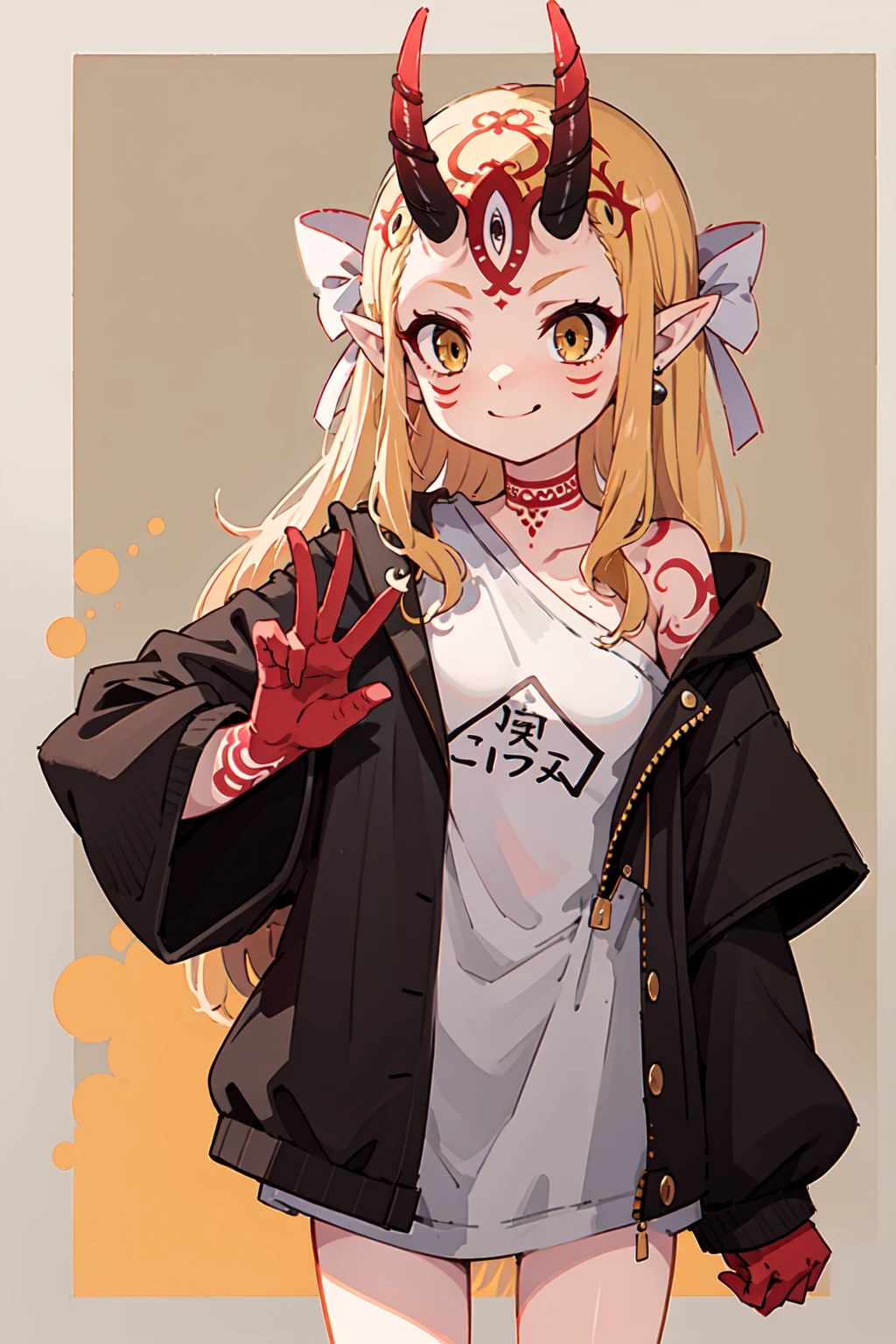 1girl, solo, (ibaraki_douji), blonde, yellow eyes, oni horns, pointy ears, alternative costume, shirt, white shirt, (modern fashion), oversized clothes, bottomless, bare shoulder, off shoulder, flat chest, forehead, ((red hands)), (peace sign and the other hand is hidden), straight hair, large smile, smug, upper body, standing, masterpiece, best quality, 8k, beautiful