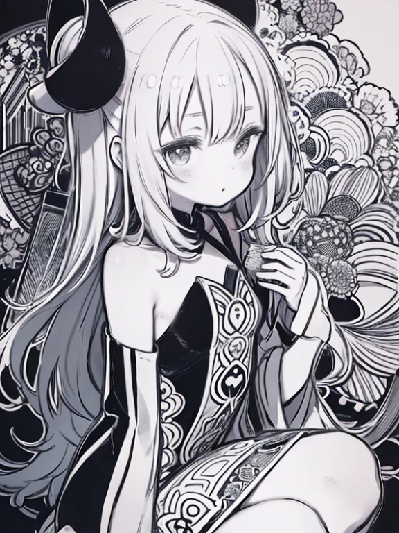 ((Line art、A picture drawn with thick lines))、Black and white painting、monochromatic、Monochrome、Flat Color、One Woman、