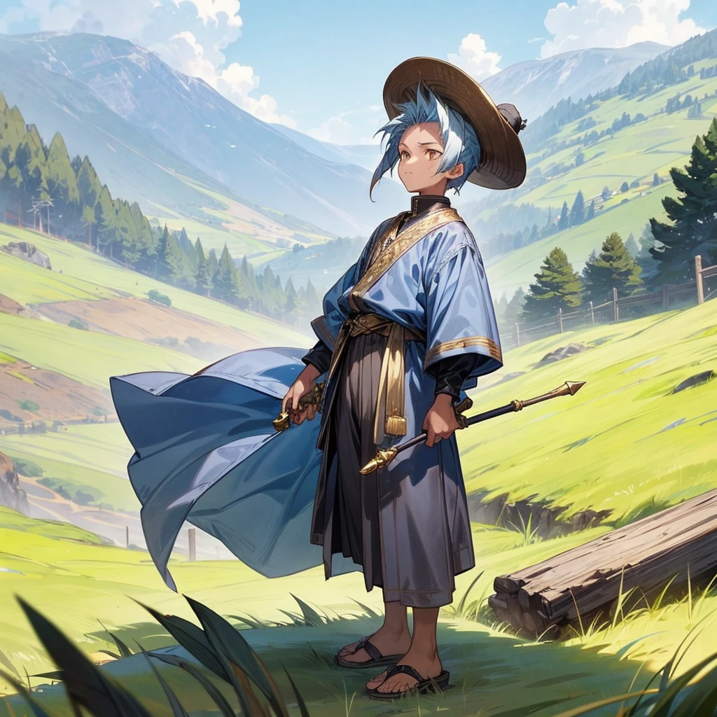 1boy, Full body version, 1character, gold eyes, tan skin, mohawk hairstyle, round eyes type, gold colour hair, blue cowboy hat, Renaissance clothing, gray color clothing, Ancient Roman sandals, hammer in hand, Grassroots background in mountain fields