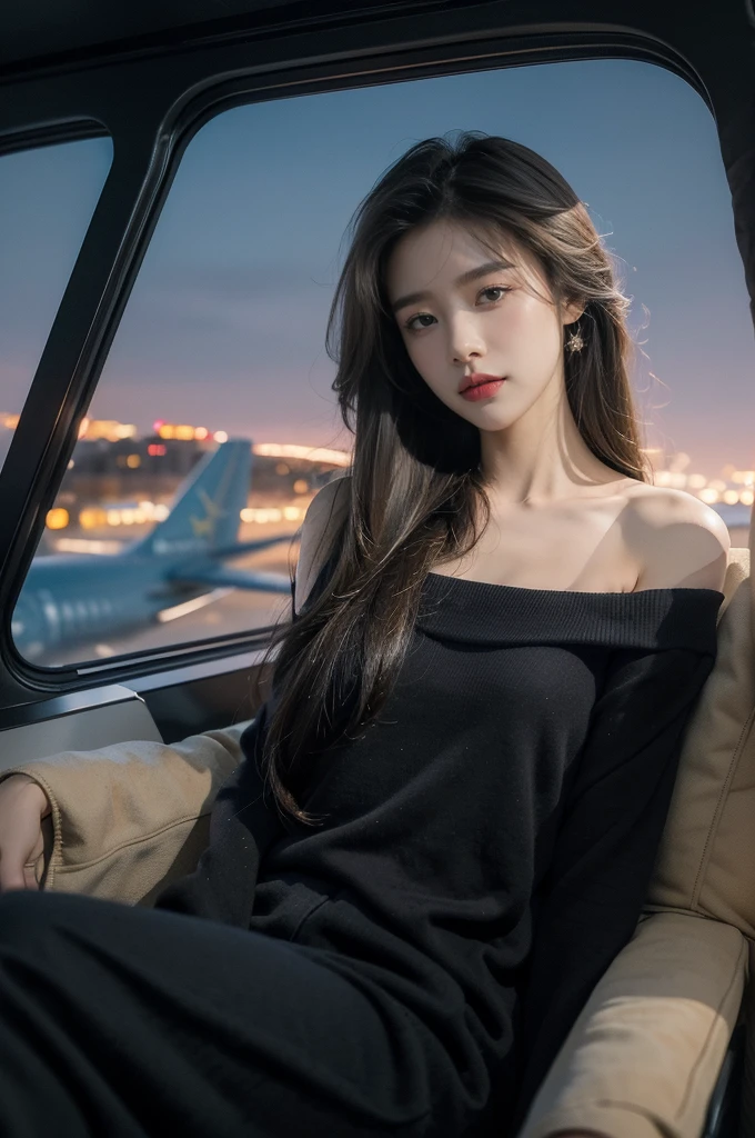 (((best quality))), (((ultra detailed))), (((masterpiece))), illustration,(a beautiful girl,female passenger,solo),((slim,thin,small breasts,flat chest)),summer night, airplane, economy class, comfortable sweater, cozy pants,(shoulder length straight hair:1.2), stars, moonlight, smooth flight, engine sound, lullaby, relaxed, excited, happy, visiting family, comfortable seats, soft fabric, headrests, adjustable, beauty of night sky, thinking about family, friends, dimmed lights, sleeping passengers, movies, personal screens, staying awake, magic of sky, joy of being with family, memorable journey, adventures, destination city