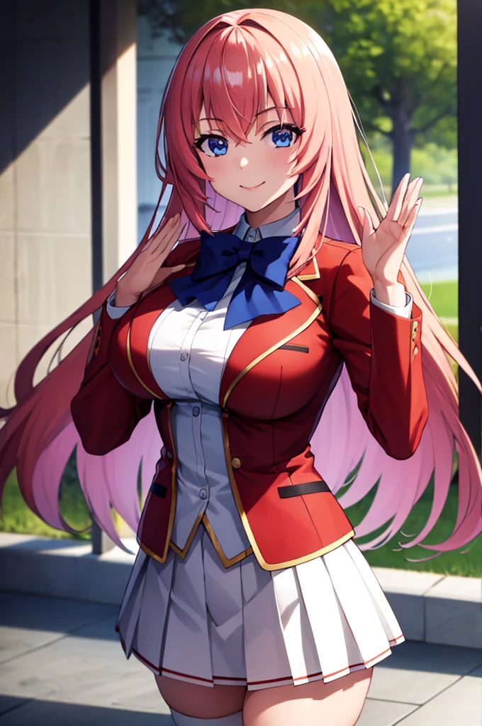 (masterpiece:1.3), (best quality:1.1), (8k, ultra detailed, ultra high res:1.2), ((anime style)), (perfect 5 fingers), perfect anatomy, 
1girl,
Ichinose honami \(youjitsu\),
long hair, 
pink hair, 
blue eyes, round eyes, tareme, 
blue bow, 
large breasts, 
red jacket, long sleeves, white skirt, pleated skirt, black calf socks, 
looking at viewer, 
cowboy shot, (waving hand:1.1),
(smile:1.1), 
BREAK standing, perfect light, outside, outdoors, public,  