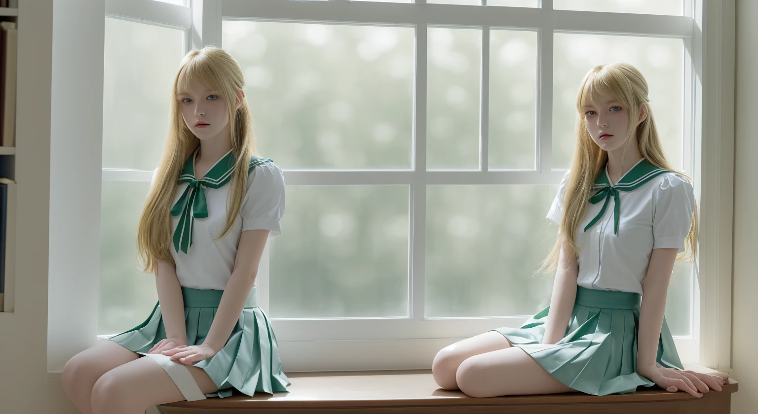 ((masterpiece,best quality, high resolution)), 1 Girl, Solitary, Green Eyes, Long blond hair tied with a blue ribbon, Bangs, sit, Cross your arms on the table, Sleeping with arms folded, Uniforms, White Seraph, Red sailor collar, Short sleeve, White pleated skirt, (In the library), Dramatic lighting, Next to the window, afternoon light through the window, afternoon, Bokeh effect