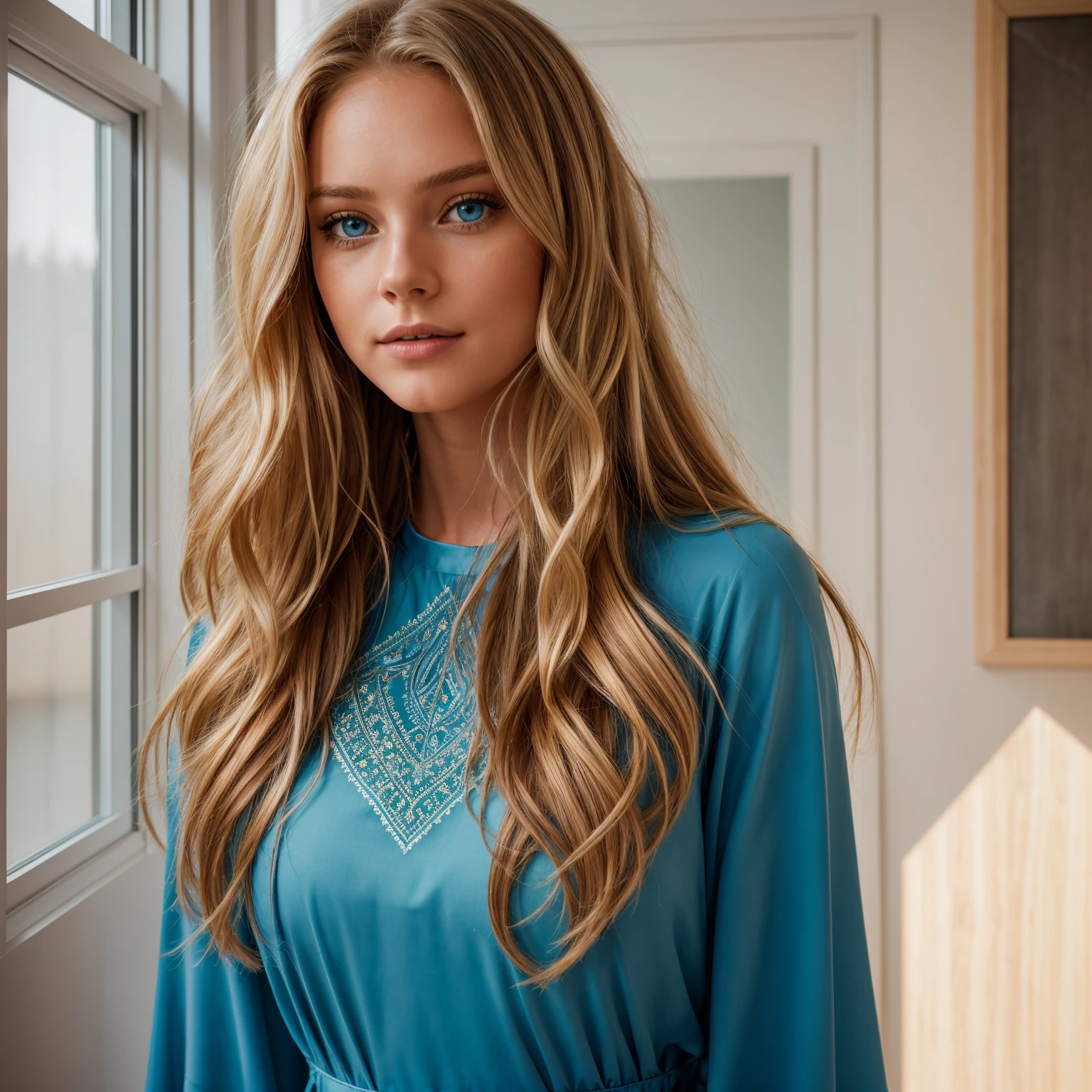professional portrait photograph of a gorgeous 18 year,Norwegian girl Lise Olsen in house with long wavy blonde hair,blue eye,happy,sultry flirty look, gorgeous symmetrical face, cute natural makeup, wearing beautiful red gown, stunning modern urban environment, ultra realistic, concept art, elegant, highly detailed, intricate, sharp focus, depth of field, f/1. 8, 85mm, medium shot, mid shot, (((professionally color graded))), bright soft diffused light, (volumetric fog), trending on instagram, hdr 4k, 8k