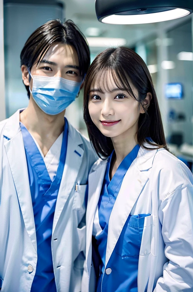 Male dentist and female dental hygienist　２people　A good business partner　日本people　Wearing a lab coat　Wearing medical scrubs　Upper body close-up　high resolution　high resolution　Highest quality　Look straight ahead　Handsome Men and Beautiful Women