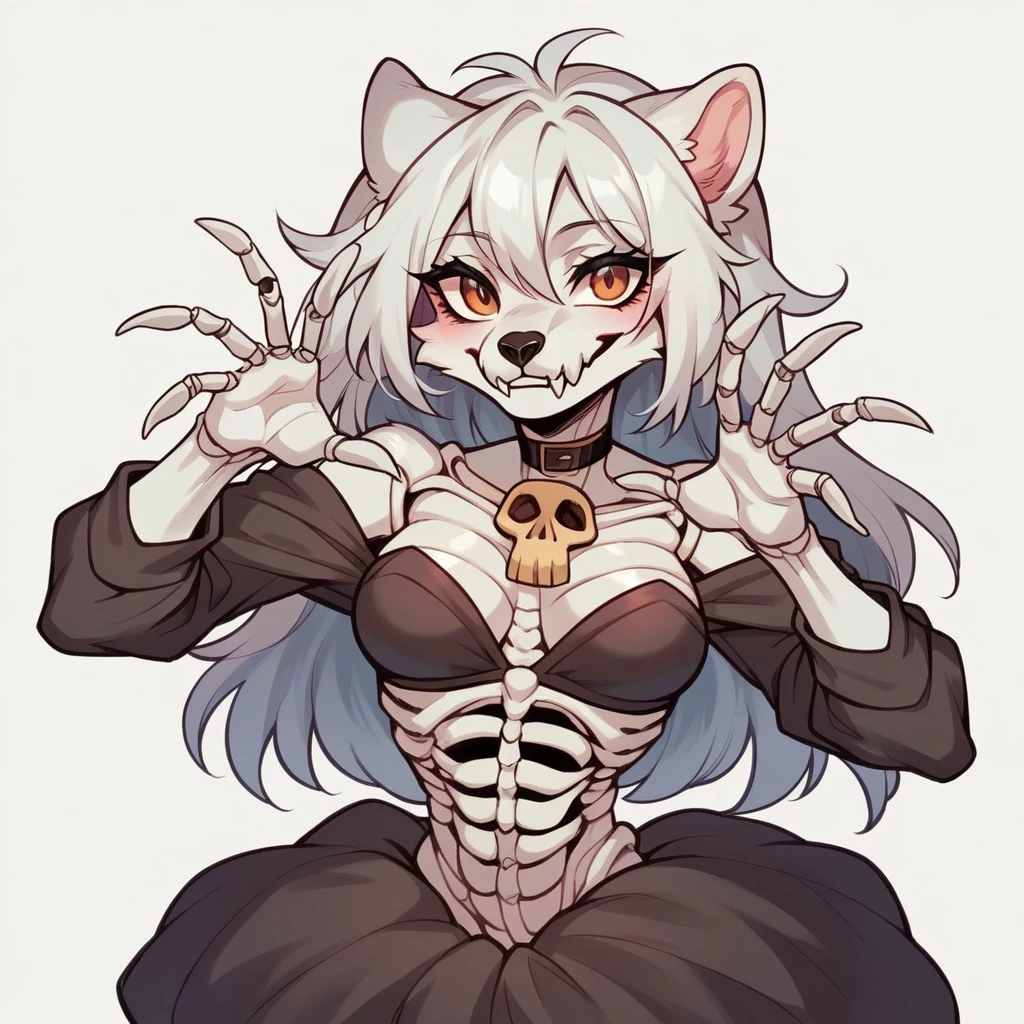 Woman Skeleton Anthropomorphic wolf skeleton, furry, wolf skull, bones,
All body, thin body, medium Breasts. beautiful waist, , thin harms, feminine face, very beautiful, / beautiful hair, cute clothes, flat 2d drawing image, cute pose. White background