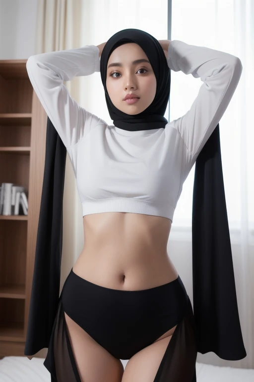 a girl wearing black hijab at home.. wearing white long sleeves oversize crop top... wearing g string underwear only.. no pants.. she was standing straight.. her hands above her head.. soft stomach.. less lighting
