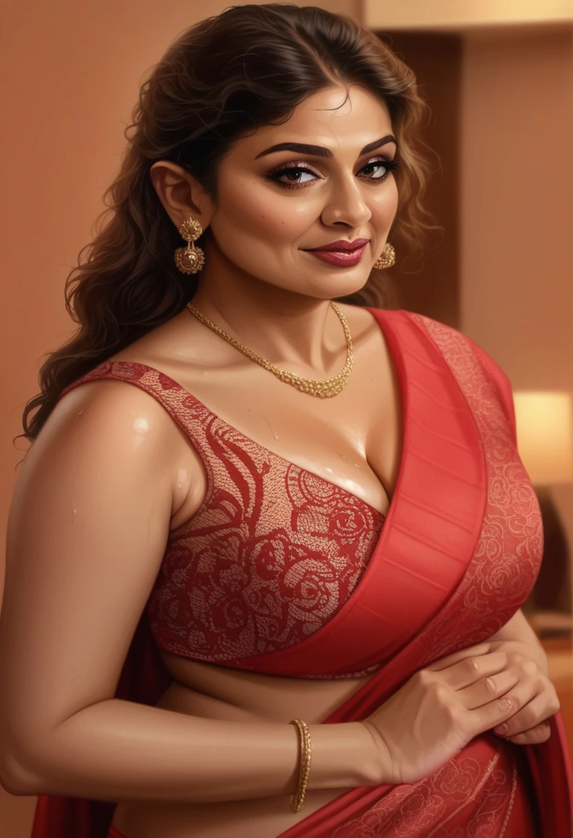 Wearing a sexy satin saree with strapless Bra, sexy Indian housewife, Looks like Indian Actress Nayanthara, actress Nayanthara, mallu, mallu aunty, desi aunty, full figured mature beauty,  sweaty skin , shining skin, sweat, attractive figure, 48 years old, spicy hot, desi milf, desi aunty, a close up of a woman in a red dress in a bedroom, inspired by Avigdor Arikha, sleek!!!, indian super model, wavy hair combed to one side, actress, by Jitish Kallat, smoldering, intense smoldering, fashion, an angel, print ready, with a dramatic looking, inspired by Sudip Roy, seductive look, sexy Saree queen, sexy Saree fashion, seductive Saree,  wear saree, sizzling hot Beauty, red juicy lips, detailed armpits, 