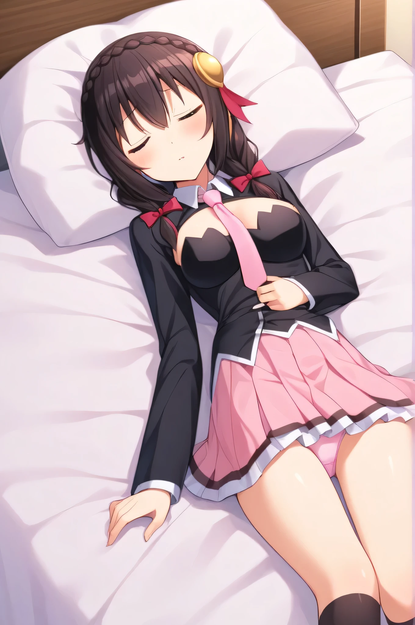 alone, One girl, Crown braids in the same color as your hair, hair ornaments, Hair Ribbon, Pink tie, Black long sleeve, Pink Skirt, Knee socks, Cleavage, bed、Black Hair、(Sleeping comfortably with both eyes closed:1.5)、(blush)、Pink Panties
