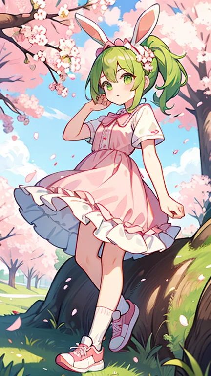 one girl,green ponytail,green eyes,green bunny ears,pink cherry blossom dress,white socks,pink sneakers,cherry petal headband