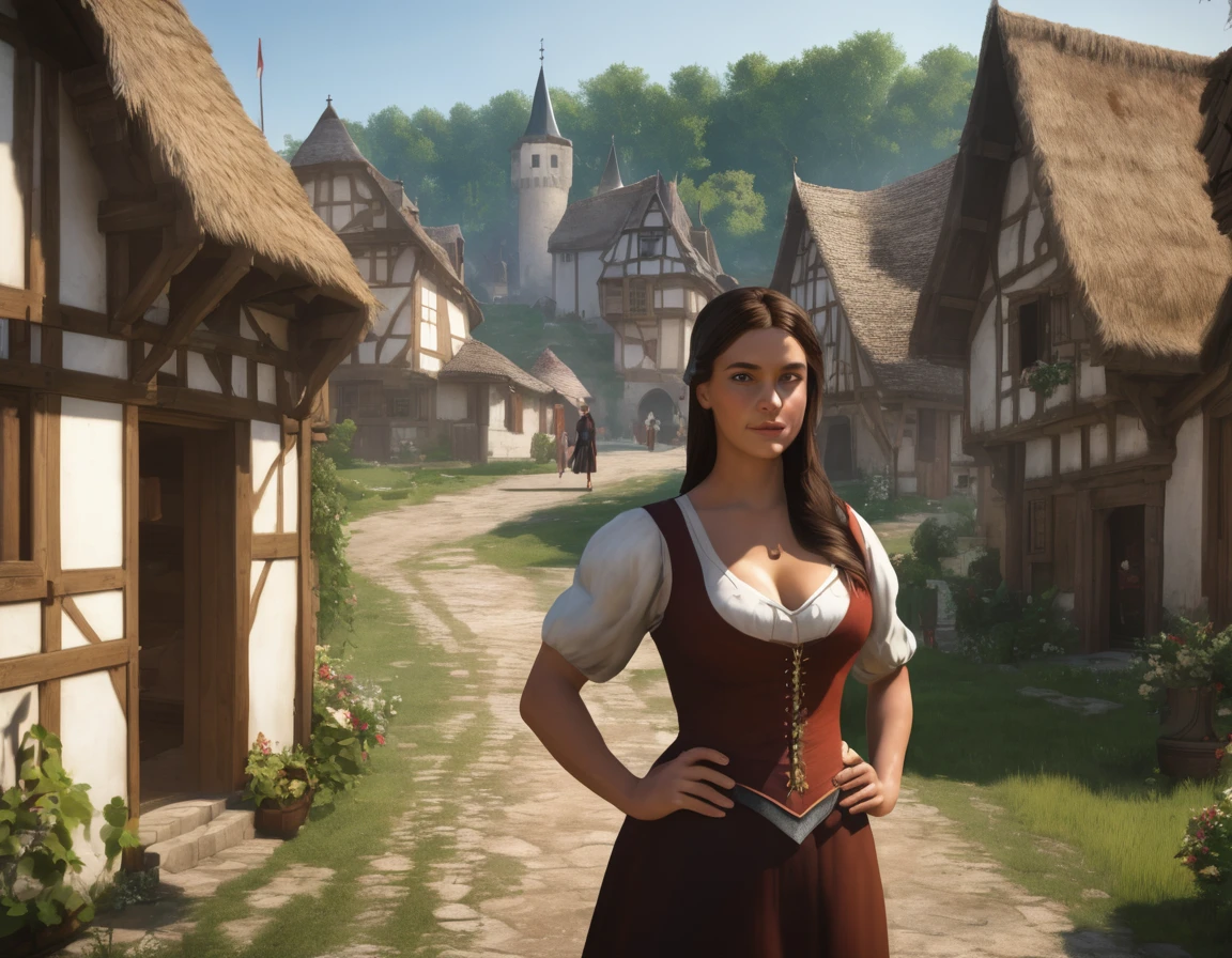 Medieval village, village houses in foreground, manor in background, villager in foreground, young woman, huge breasts, simple clothes