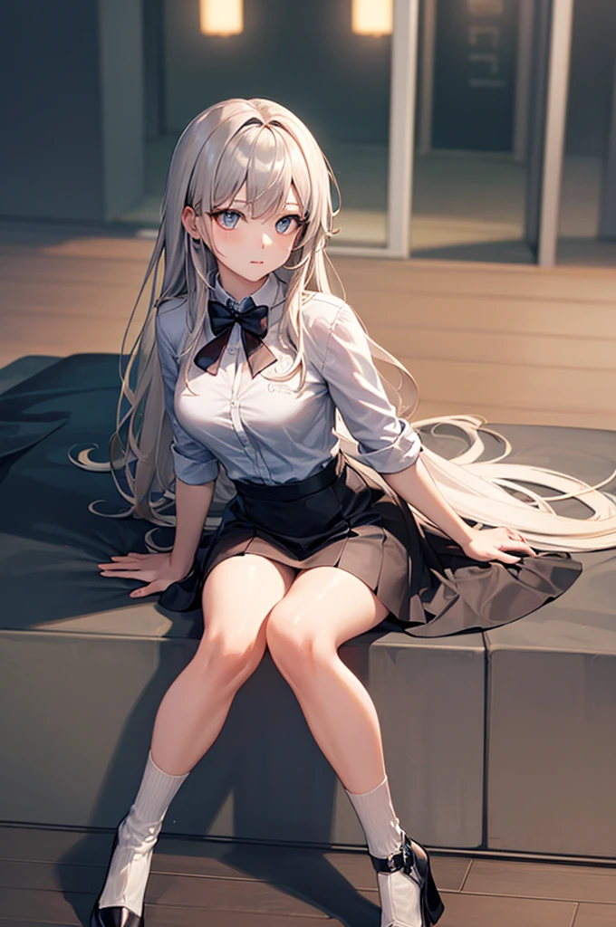girl, 20 years old,Waist-length hair, Silver Hair, Amber eyes, Medium breasts, indoor,put,Short skirt,Knee-length socks,High heel,office,sit,,elegant,best quality, high resolution, Very detailed, Detailed background, Perfect Lighting,Light, Light线追踪, Depth of Field, Light, Light线追踪, Ultra HD, High Detail, best quality, high resolution, high quality, The award-winning, Super Detail, masterpiece, 8K, Ultra HD, High Detail, best quality, high resolution, high quality, The award-winning, Super Detail, masterpiece