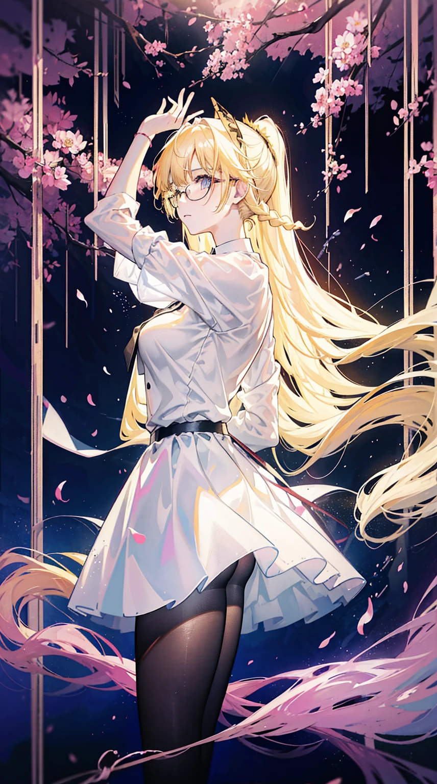 Young and beautiful Kathryn Newton, Glasses, White dress shirt, great neckline, Black Mini Dress, Dark pantyhose, High balance, Surreal, 14 years old, Model figure, Large Breasts, Beautiful breasts, Big Ass, Long hair, Ponytail, Blonde hair, Long legs, 8K, Cherry blossoms, sunrise, Detailed reflection, Anime style, sad