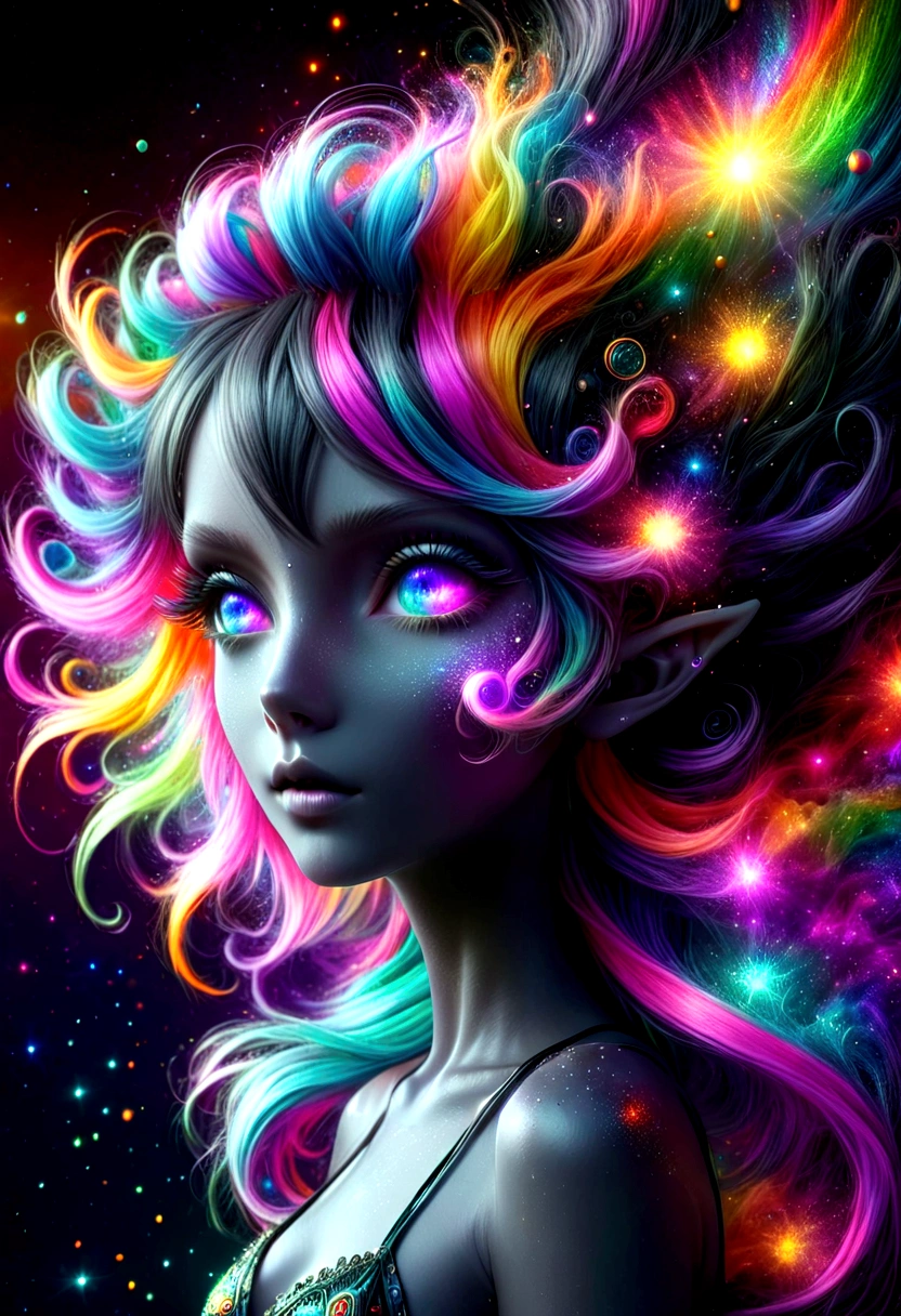 {{masterpiece}}, best quality, extremely detailed CG unity 8k wallpaper, cinematic lighting, lens flare, beautiful detail eyes, black, side glance, multicolor hair, colorful light, particles, heterochromia, (colorful:1.5), (colorful hair:1.5),