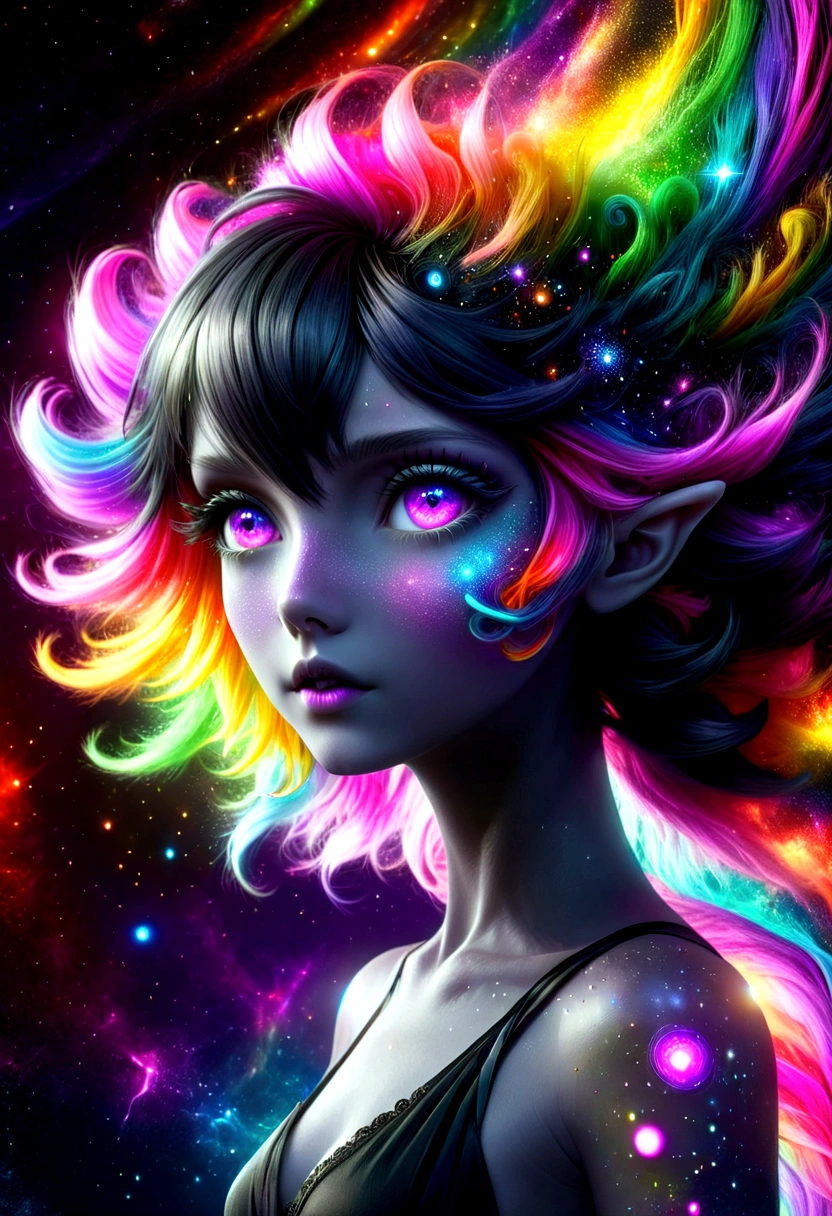 {{masterpiece}}, best quality, extremely detailed CG unity 8k wallpaper, cinematic lighting, lens flare, beautiful detail eyes, black,  side glance,  multicolor hair, colorful light, particles, heterochromia, (colorful:1.5), (colorful hair:1.5),